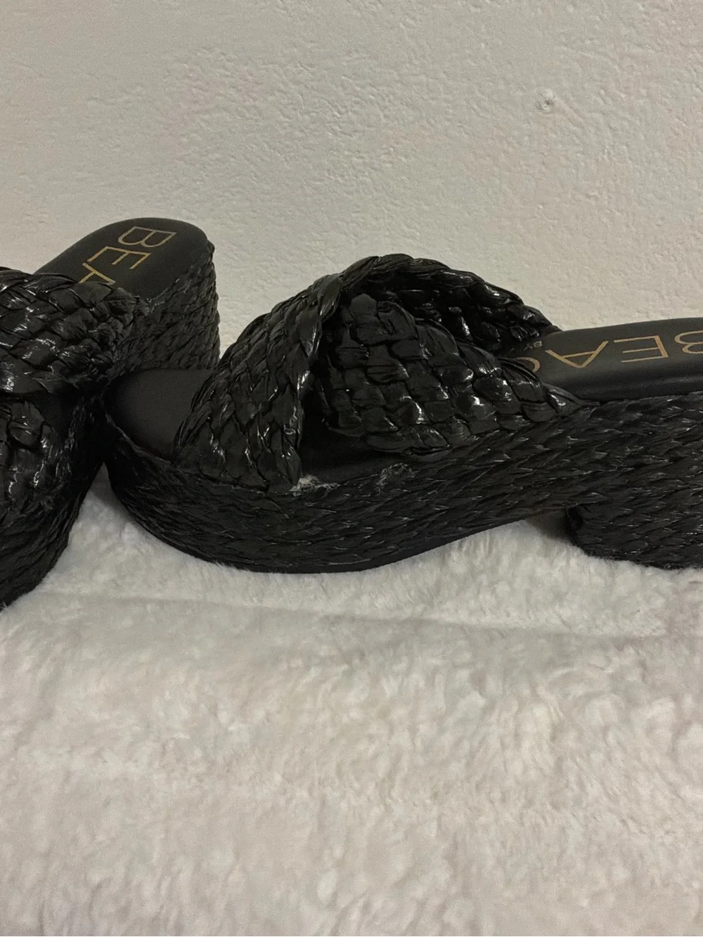 Matisse Beach Reflection Heels - Black Woven Platform Slide Sandals